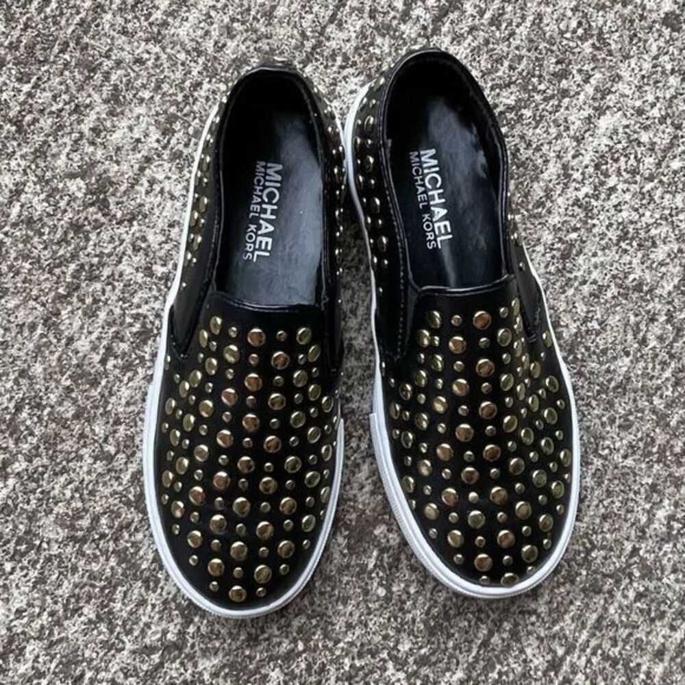 Michael Kors Girls Ivy Jade 14 Sneakers Gold Studded Slip on Black Size‎ 1